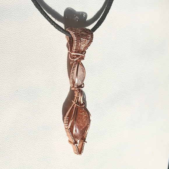 Luminous Sunstone Amulet Necklace Iridescent Moonstone Handmade Copper Frame - Picture 7 of 13